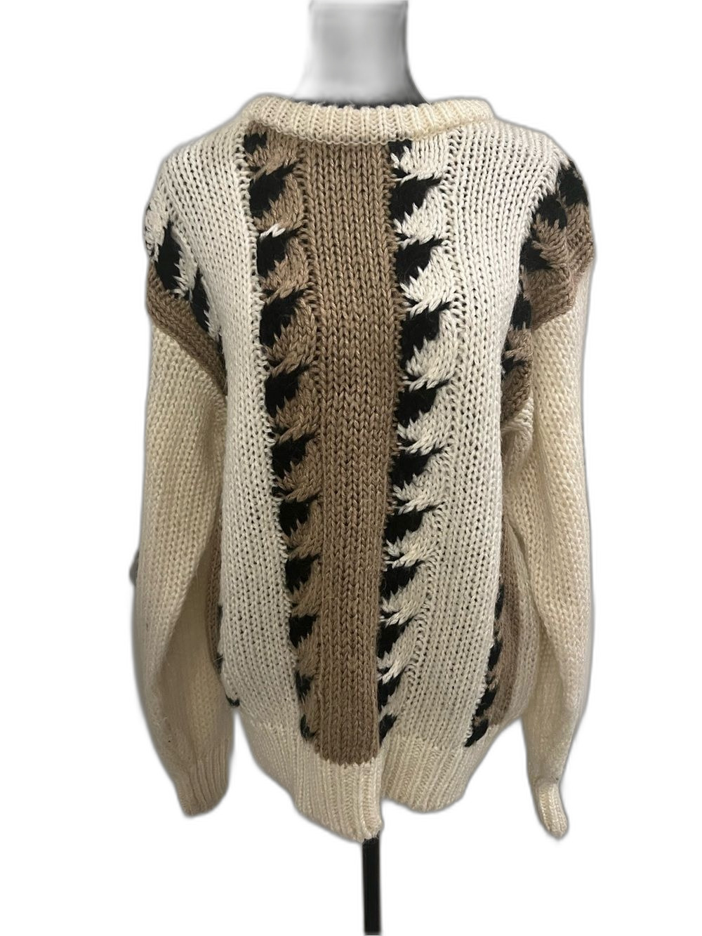 Kennington Women’s Medium Chunky Knit Sweater Cream Tan Black Abstract Pattern